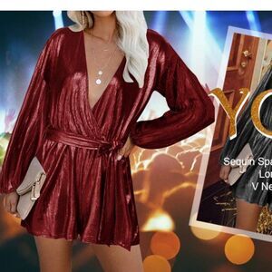 YOINS Metallic Long Sleeve Romper Dress Red Size M